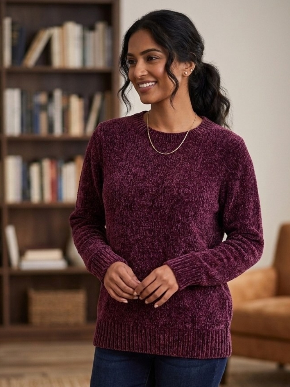 Style & Co. Plum Chenille Crewneck Sweater, Size XL